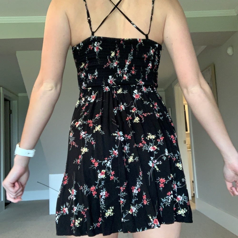 Black floral spring/summer mini dress, strappy & adjustable back